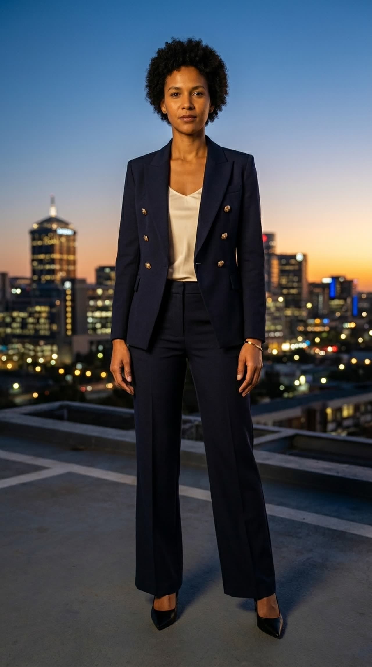 Sandton · rooftop at dusk · tailored navy